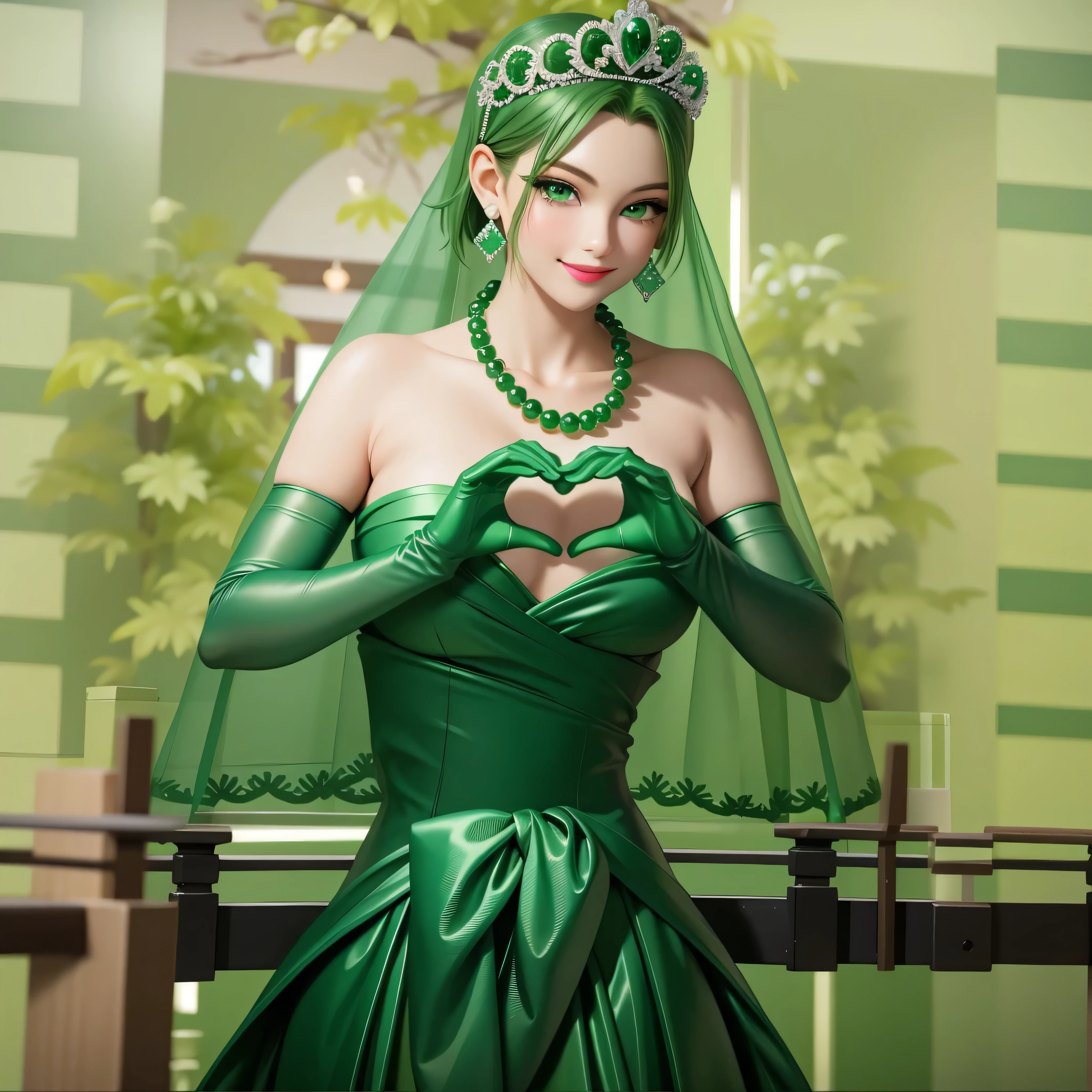 emerald tiara, Green Pearl Necklace, Boyish very short green hair, Green Lips, Smiling Japanese woman, Very short hair, Busty beautiful lady, Green Eyes, Green satin long gloves, Green Eyes, Emerald Earrings, Green veil, Heart with both hands, Green Hair, Beautiful Japanese Woman, Heart shaped hands:1.3, green lip gloss