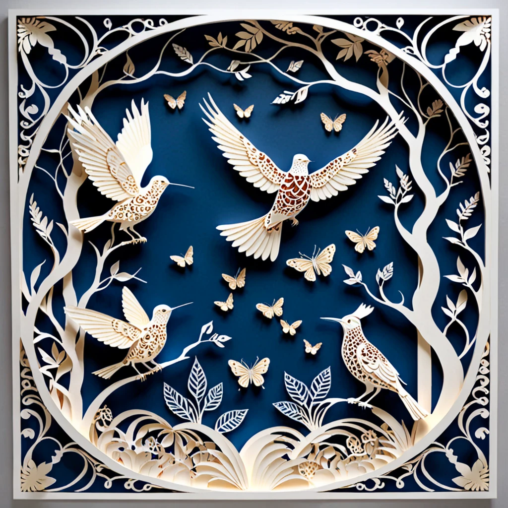Create a detailed paper cutout artwork depicting a scene that combines intricate patterns with various creatures. The scene should include a harmonious blend of elaborate, decorative patterns interwoven with animals such as birds, fish, butterflies, and other creatures. The patterns should complement the forms and movements of the animals, creating a seamless integration between the natural and the abstract. The artwork should evoke a sense of wonder and intricacy, highlighting the beauty and complexity of both the patterns and the creatures. The overall mood should be artistic and enchanting, capturing the elegance of nature through detailed design