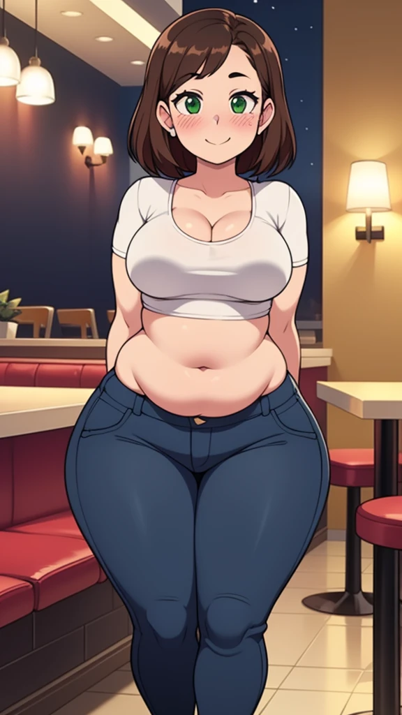 ((highres)), Masterpiece, high quality, best quality, beautiful, perfect lighting, detailed face, ultra cute face, looking at viewer, on a date, ((blush)), affectionate smile, ((1girl)), ((solo)), brown hair, fluffy hair, green eyes, jeans, crop top, tight clothes, fast food restaurant, medium , cleavaghips, ((thick thighs)), ((chubby)), chubby belly, standing, arms behind back, leaned over, cute pose,