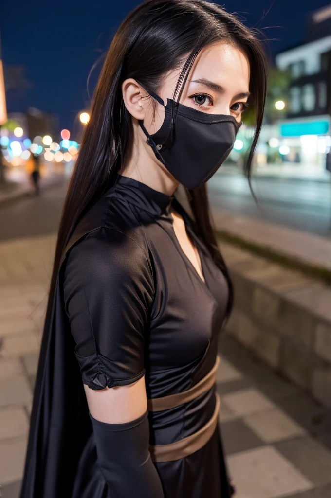 ((Ninja 1.3)),After the battle,(Torn Costume),Photo Real, whole body,mask, or period,Background Sen, Highest quality, Ultra-high resolution, depth, pastel colour, Natural Shading、Long Hair, Black Hair, Brown, narrow eyes, Black Dress, gloves, Anatomically correct,night,city,Moving in motion