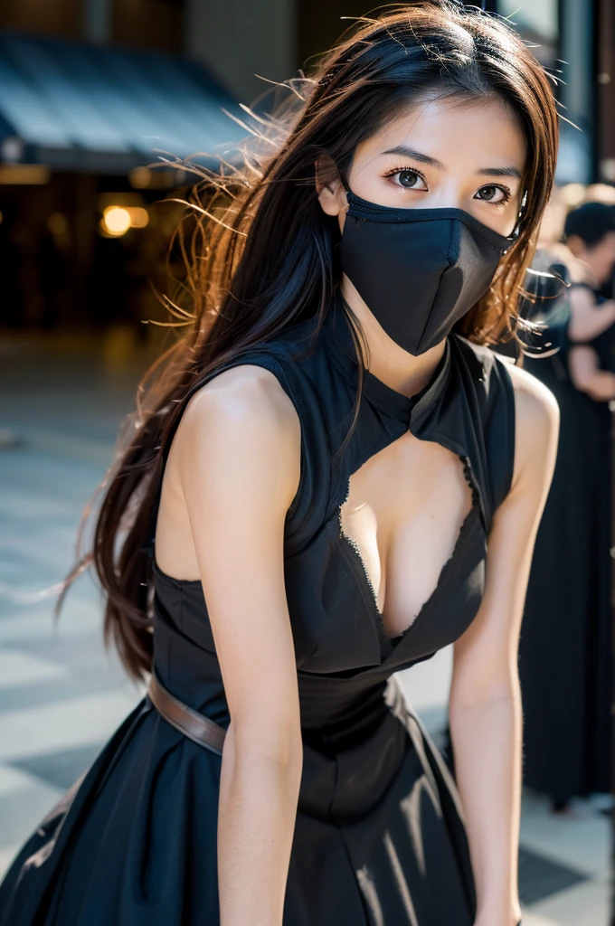 ((Ninja 1.3)),After the battle,(Torn Costume),Photo Real, whole body,mask, or period,Background Sen, Highest quality, Ultra-high resolution, depth, pastel colour, Natural Shading、Long Hair, Black Hair, Brown, narrow eyes, Black Dress, gloves, Anatomically correct,night,city,Moving in motion