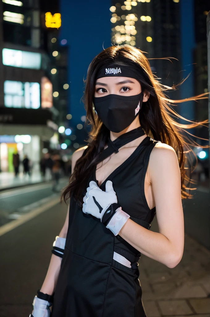 ((Ninja 1.3)),After the battle,(Torn Costume),Photo Real, whole body,mask, or period,Background Sen, Highest quality, Ultra-high resolution, depth, pastel colour, Natural Shading、Long Hair, Black Hair, Brown, narrow eyes, Black Dress, gloves, Anatomically correct,night,city,Moving in motion