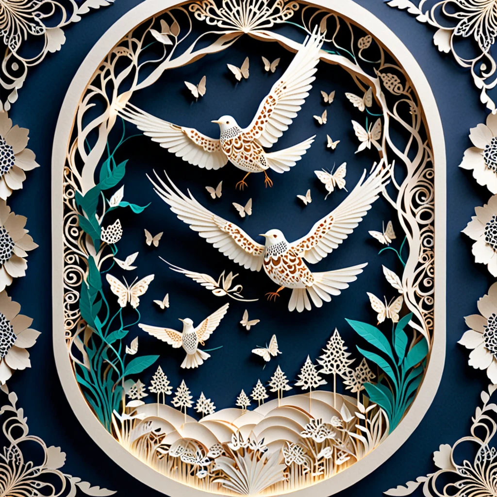 Create a detailed paper cutout artwork depicting a scene that combines intricate patterns with various creatures. The scene should include a harmonious blend of elaborate, decorative patterns interwoven with animals such as birds, fish, butterflies, and other creatures. The patterns should complement the forms and movements of the animals, creating a seamless integration between the natural and the abstract. The artwork should evoke a sense of wonder and intricacy, highlighting the beauty and complexity of both the patterns and the creatures. The overall mood should be artistic and enchanting, capturing the elegance of nature through detailed design