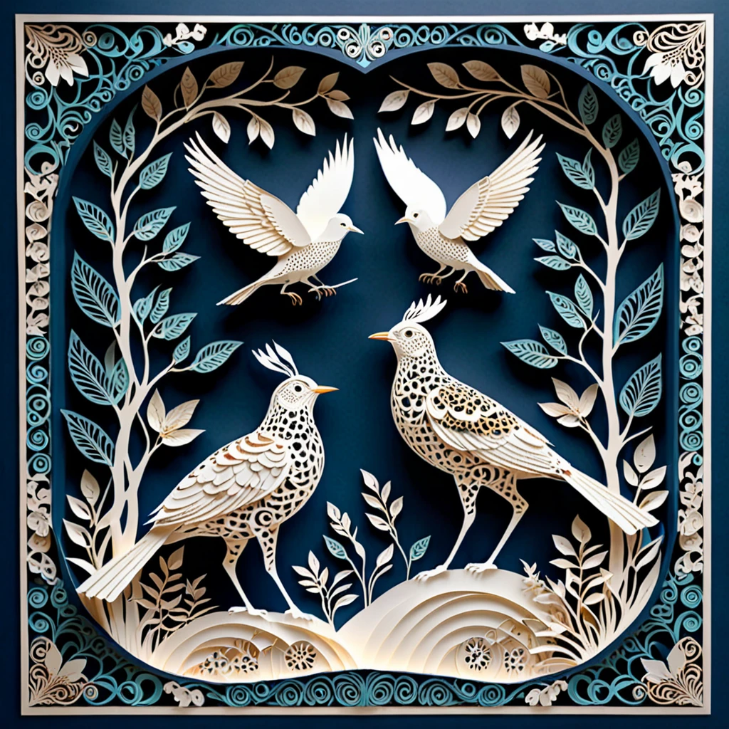Create a detailed paper cutout artwork depicting a scene that combines intricate patterns with various creatures. The scene should include a harmonious blend of elaborate, decorative patterns interwoven with animals such as birds, fish, butterflies, and other creatures. The patterns should complement the forms and movements of the animals, creating a seamless integration between the natural and the abstract. The artwork should evoke a sense of wonder and intricacy, highlighting the beauty and complexity of both the patterns and the creatures. The overall mood should be artistic and enchanting, capturing the elegance of nature through detailed design