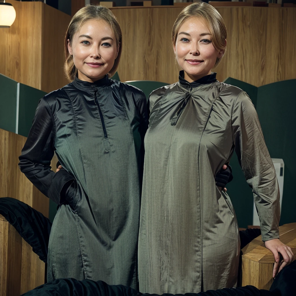 Blonde Hair, green-eyed, wheat-skinned, slim but full body, oval-faced, heart-lipped, small and flat-nosed, curved eyebrows, large and erect chest, round and wide hips, a smiling woman. Black clothes. Extra More realistic. Hair care at the hairdresser. Red lips, Real person.