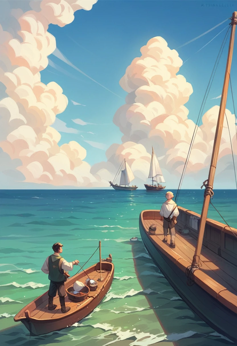 calm, On the boat, background, Ocean, White cloud, blue sky, boat, fishing boat, No people