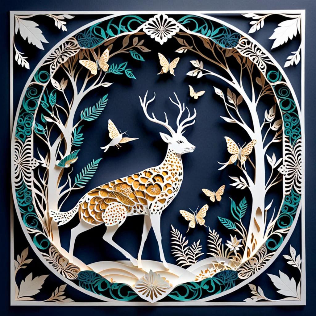 Create a detailed paper cutout artwork depicting a scene that combines intricate patterns with various creatures. The scene should include a harmonious blend of elaborate, decorative patterns interwoven with animals such as birds, fish, butterflies, and other creatures. The patterns should complement the forms and movements of the animals, creating a seamless integration between the natural and the abstract. The artwork should evoke a sense of wonder and intricacy, highlighting the beauty and complexity of both the patterns and the creatures. The overall mood should be artistic and enchanting, capturing the elegance of nature through detailed design