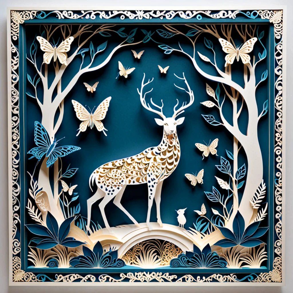 Create a detailed paper cutout artwork depicting a scene that combines intricate patterns with various creatures. The scene should include a harmonious blend of elaborate, decorative patterns interwoven with animals such as birds, fish, butterflies, and other creatures. The patterns should complement the forms and movements of the animals, creating a seamless integration between the natural and the abstract. The artwork should evoke a sense of wonder and intricacy, highlighting the beauty and complexity of both the patterns and the creatures. The overall mood should be artistic and enchanting, capturing the elegance of nature through detailed design