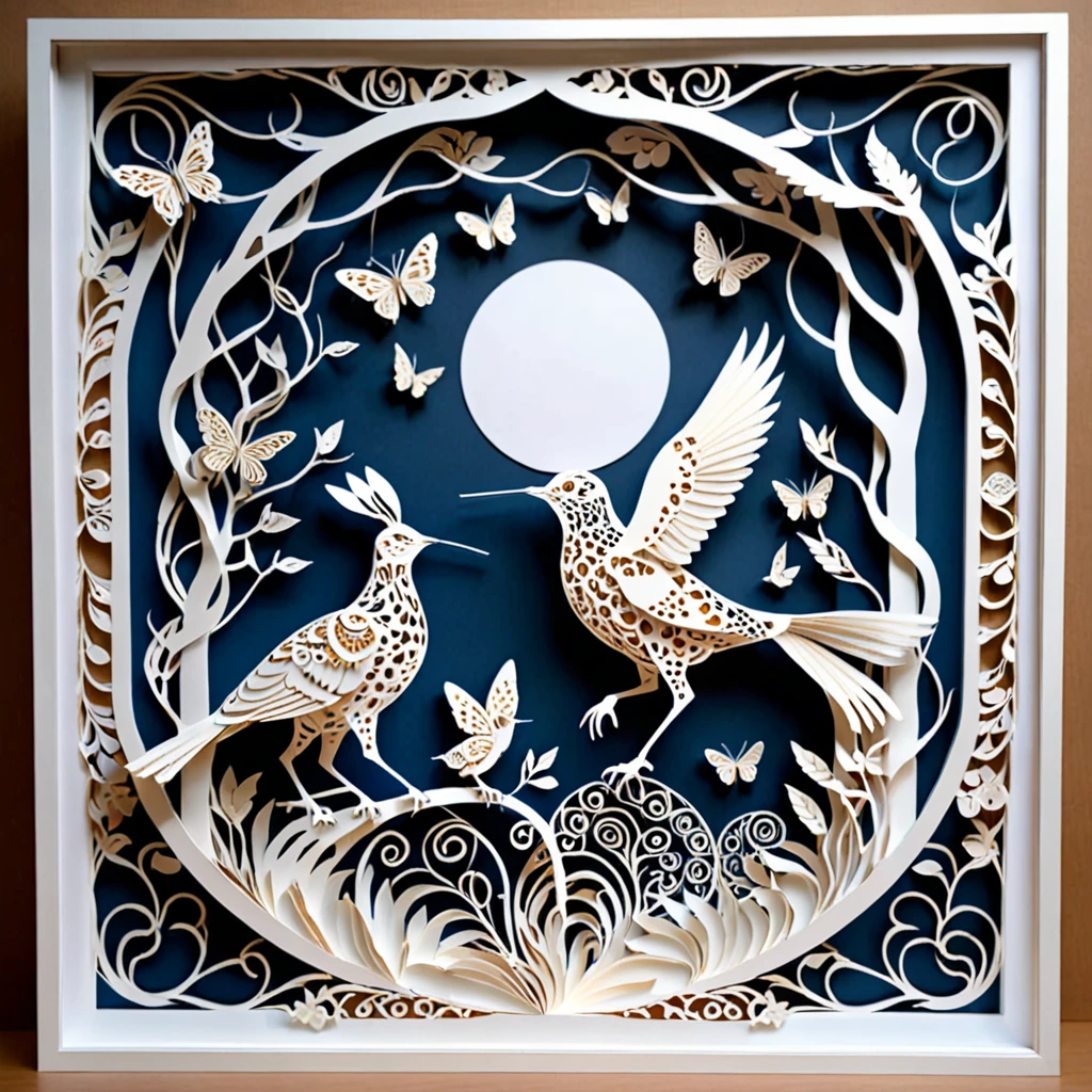 Create a detailed paper cutout artwork depicting a scene that combines intricate patterns with various creatures. The scene should include a harmonious blend of elaborate, decorative patterns interwoven with animals such as birds, fish, butterflies, and other creatures. The patterns should complement the forms and movements of the animals, creating a seamless integration between the natural and the abstract. The artwork should evoke a sense of wonder and intricacy, highlighting the beauty and complexity of both the patterns and the creatures. The overall mood should be artistic and enchanting, capturing the elegance of nature through detailed design