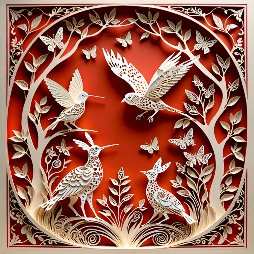 Create a detailed paper cutout artwork depicting a scene that combines intricate patterns with various creatures. The scene should include a harmonious blend of elaborate, decorative patterns interwoven with animals such as birds, fish, butterflies, and other creatures. The patterns should complement the forms and movements of the animals, creating a seamless integration between the natural and the abstract. The artwork should evoke a sense of wonder and intricacy, highlighting the beauty and complexity of both the patterns and the creatures. The overall mood should be artistic and enchanting, capturing the elegance of nature through detailed design