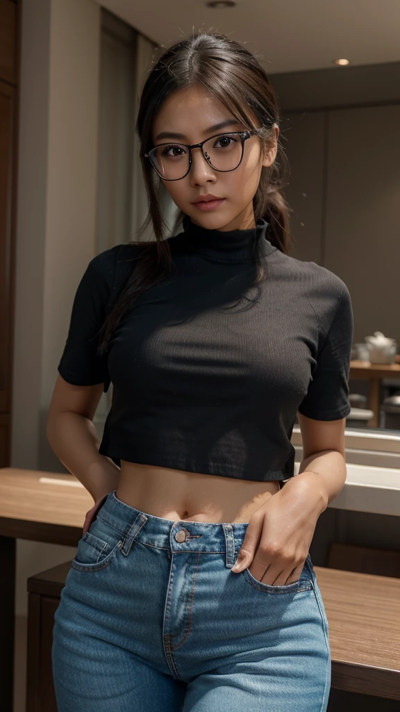 a cute tan chinese girl wearing glasses, jeans pants, white crop top, beautiful detailed eyes, beautiful detailed lips, extremely detailed face, long eyelashes, photorealistic, 8k, ultra-detailed, physically-based rendering, vivid colors, professional photography, high quality, masterpiece, photo-realistic, sharp focus, HDR