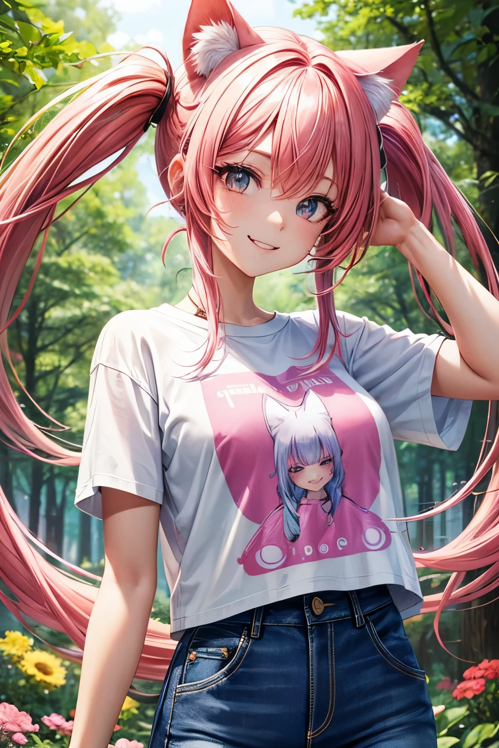 Best quality, High resolution, Perfect human structure, Cat ears, Front view, Glossy hair, Pink hair, Twintails, Forest, Flowers, Gradient eyes, Sleek bangs, Frontal angle, T-shirt, Jeans, Smile