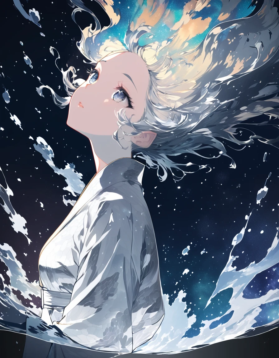 extremely detailed 8K CG, ultra-detailed:1.3, ultra delicate and detailed face:1.3, (absurdres, texture, masterpiece), fantasy, pop art, pixiv contest winner, by Posuka Demizu, dynamic manga-style illustration of slender girl wearing silver kimono is soaking starry milky way. She is looking forward to see her boyfriend.