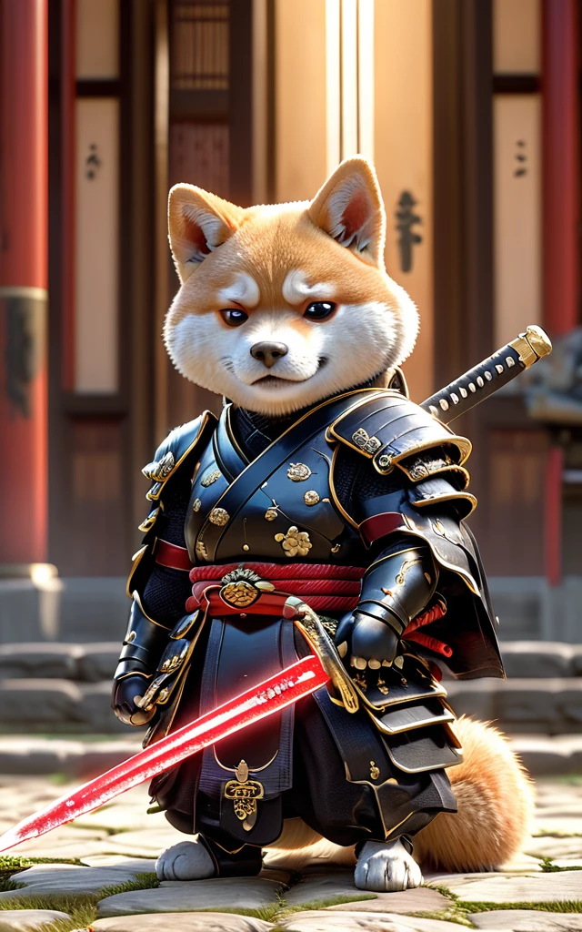 Shiba Inu Samurai,whole body, He has a Japanese sword charged with lightning., Wearing black Japanese armor and hakama haori, Japanese temple background, High resolution, masterpiece, Highest quality, Very detailed, Very detailed, Ultra-realistic,
Japan style, 3D Fluffy, Cute and adorable close-ups, Cute big round reflective eyes, Long fuzzy fur, Pixar Rendering, unreal engine Cinematic smooth, Exquisite detail, Cinematic