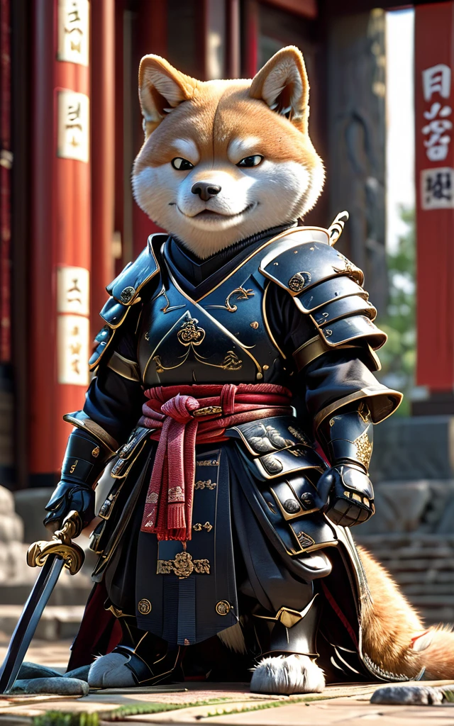 Shiba Inu Samurai,whole body, He has a Japanese sword charged with lightning., Wearing black Japanese armor and hakama haori, Japanese temple background, High resolution, masterpiece, Highest quality, Very detailed, Very detailed, Ultra-realistic,
 Japan style, 3D Fluffy, Cute and adorable close-ups, Cute big round reflective eyes, Long fuzzy fur, Pixar Rendering, unreal engine Cinematic smooth, Exquisite detail, Cinematic