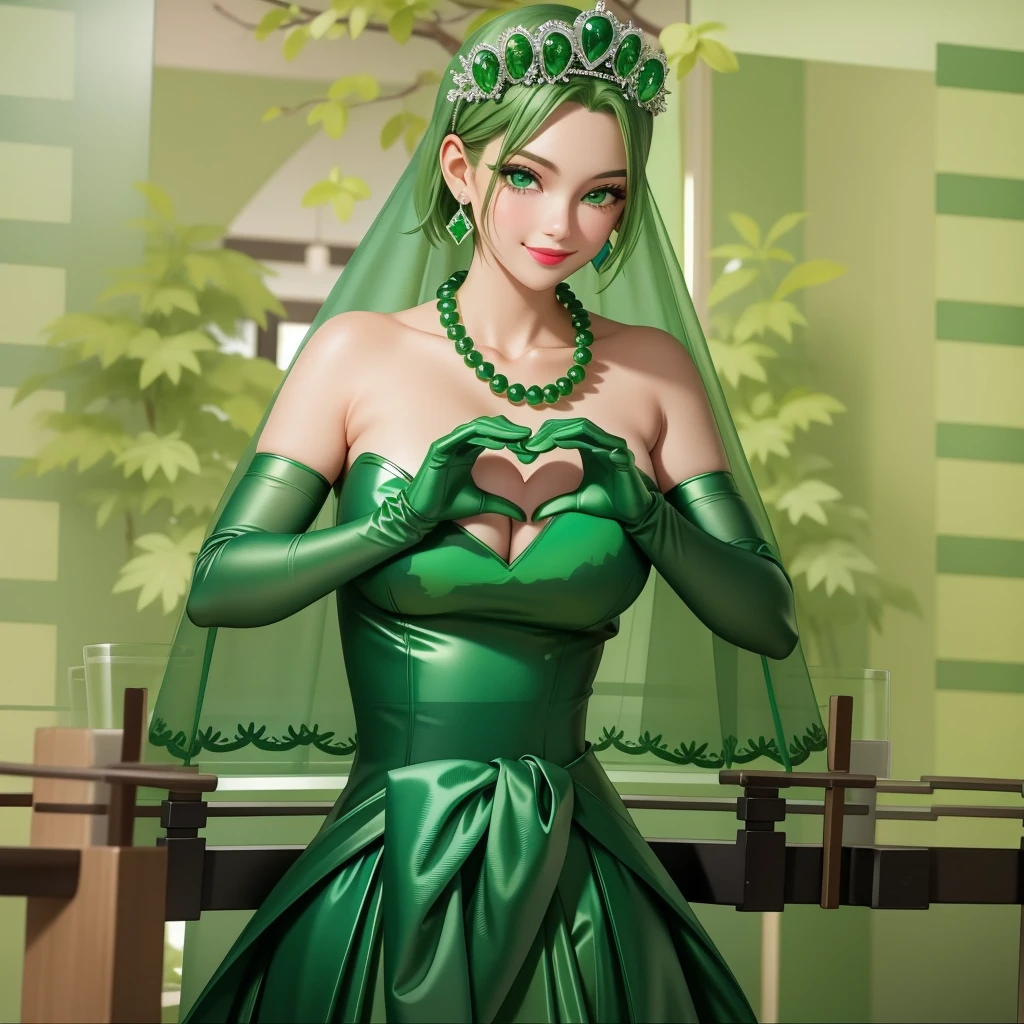 Emerald tiara, Green Pearl Necklace, ボーイッシュな非常に短いGreen Hair, Green Lips, Smiling Japanese woman, Very short hair, Busty beautiful lady, Green Eyes, Green satin long gloves, Green Eyes, Emerald Earrings, Green veil, Heart with both hands, Green Hair, Beautiful Japanese Woman, Heart shaped hands:1.3, green lip gloss