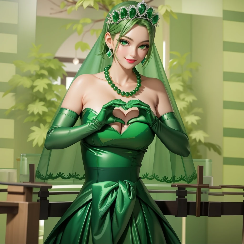 Emerald tiara, Green Pearl Necklace, ボーイッシュな非常に短いGreen Hair, Green Lips, Smiling Japanese woman, Very short hair, Busty beautiful lady, Green Eyes, Green satin long gloves, Green Eyes, Emerald Earrings, Green veil, Heart with both hands, Green Hair, Beautiful Japanese Woman, Heart shaped hands:1.3, green lip gloss