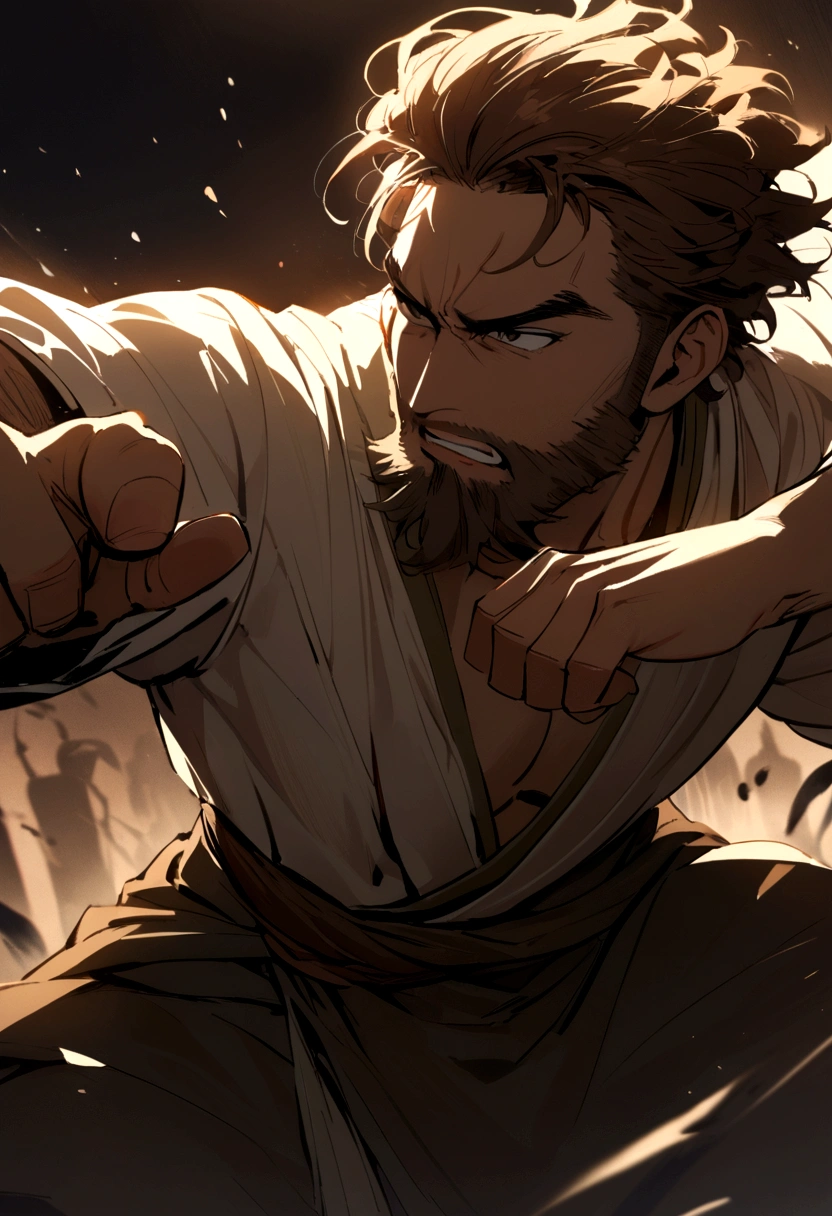 young boy with medium brown beard and medium brown hair in a fight