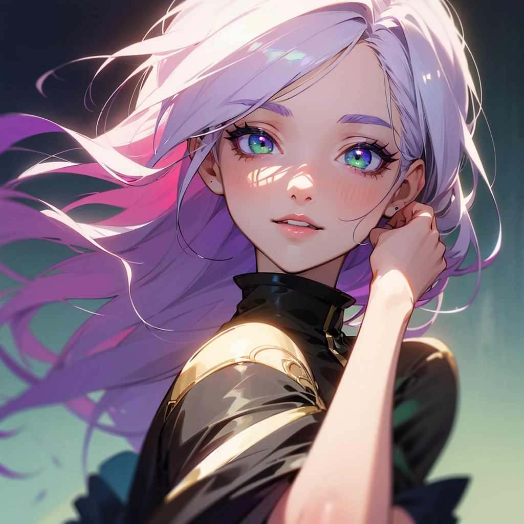 A detailed with white hair with purple and red with a little yellowish tone, green eyes with purple, black shoes, pale skin, height 1,76 m, Beautiful detailed eyes, beautiful detailed lips, extremely detailed eyes and face, long eyelashes, high quality, 8k, hyperrealistic, photorealistic, ultra detailed. , Masterpiece, intricate details, vibrant colors, soft lighting, cinematographic, anime style,He is talking to his friends,laughing