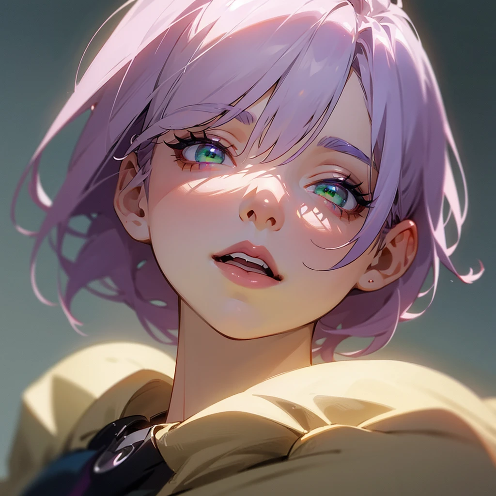 A detailed with white hair with purple and red with a little yellowish tone, green eyes with purple, black shoes, pale skin, height 1,76 m, Beautiful detailed eyes, beautiful detailed lips, extremely detailed eyes and face, long eyelashes, high quality, 8k, hyperrealistic, photorealistic, ultra detailed. , Masterpiece, intricate details, vibrant colors, soft lighting, cinematographic, anime style,He is talking to his friends,laughing