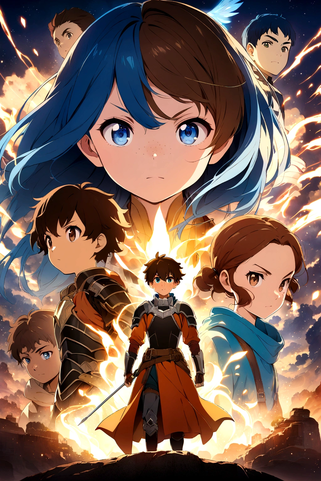 Poster of the series where the main characters are two children., one with blue hair ,blue eyes and freckles and the second character with brown hair, Brown eyes, both wearing anime style armor