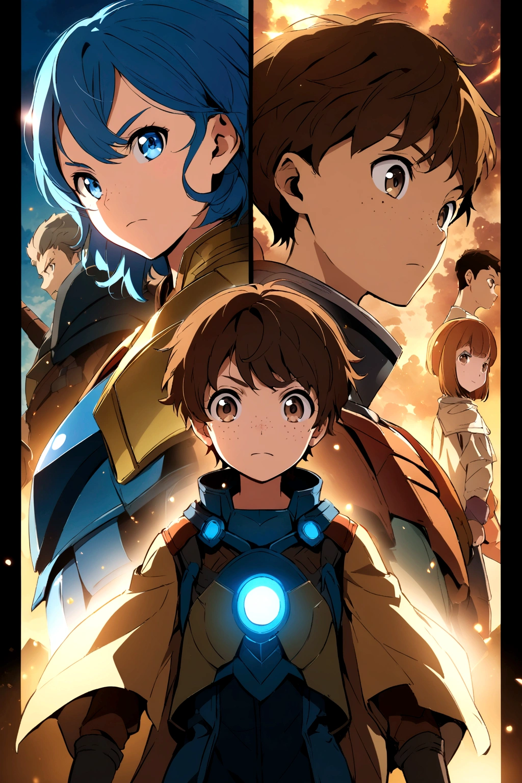 Poster of the series where the main characters are two children., one with blue hair ,blue eyes and freckles and the second character with brown hair, Brown eyes, both wearing anime style armor 
