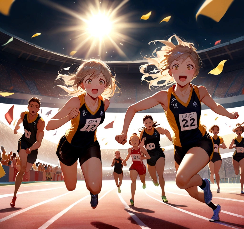 In this first comic, We are transported to the thrilling atmosphere of the stadium.. The race track unfolds before your eyes, surrounded by stands full of excited spectators. The sky is clear, The sun is casting a golden light over the landscape. In the center of the image, I see young female athletes with focus and determination., Muscles are tense, And she&#39;s in the lead position, Staring at the horizon. Sports uniforms and running shoes are reproduced in vivid detail and with a high level of realism. The surrounding crowd is trembling with excitement., With excited faces and cheering flags, Capturing the texture of the track and the expressions of the athletes, It invites us into the exciting world of athletics.