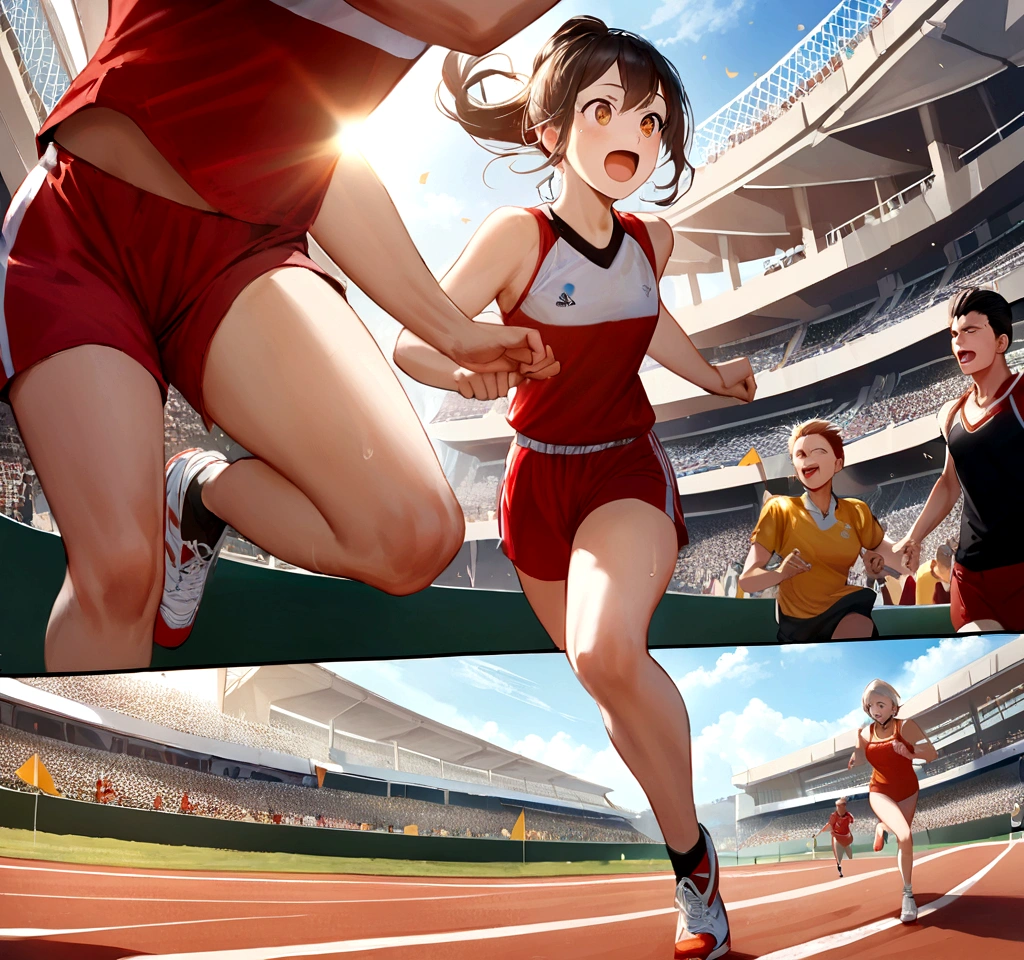 In this first comic, We are transported to the thrilling atmosphere of the stadium.. The race track unfolds before your eyes, surrounded by stands full of excited spectators. The sky is clear, The sun is casting a golden light over the landscape. In the center of the image, I see young female athletes with focus and determination., Muscles are tense, And she's in the lead position, Staring at the horizon. Sports uniforms and running shoes are reproduced in vivid detail and with a high level of realism. The surrounding crowd is trembling with excitement., With excited faces and cheering flags, Capturing the texture of the track and the expressions of the athletes, It invites us into the exciting world of athletics.
