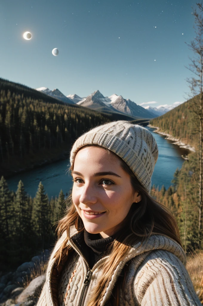 1 woman((upper body selfie, happy)), masterpiece, best quality, ultra-detailed, solo, outdoors, (night), mountains, nature, (stars, moon) cheerful, happy, backpack, sleeping bag, camping stove, water bottle, mountain boots, gloves, sweater, hat, flashlight, forest, rocks, river, wood, smoke, shadows, contrast, clear sky,
analog style (look at viewer:1.2) (skin texture)
(film grain:1.3), (warm hue, warm tone)