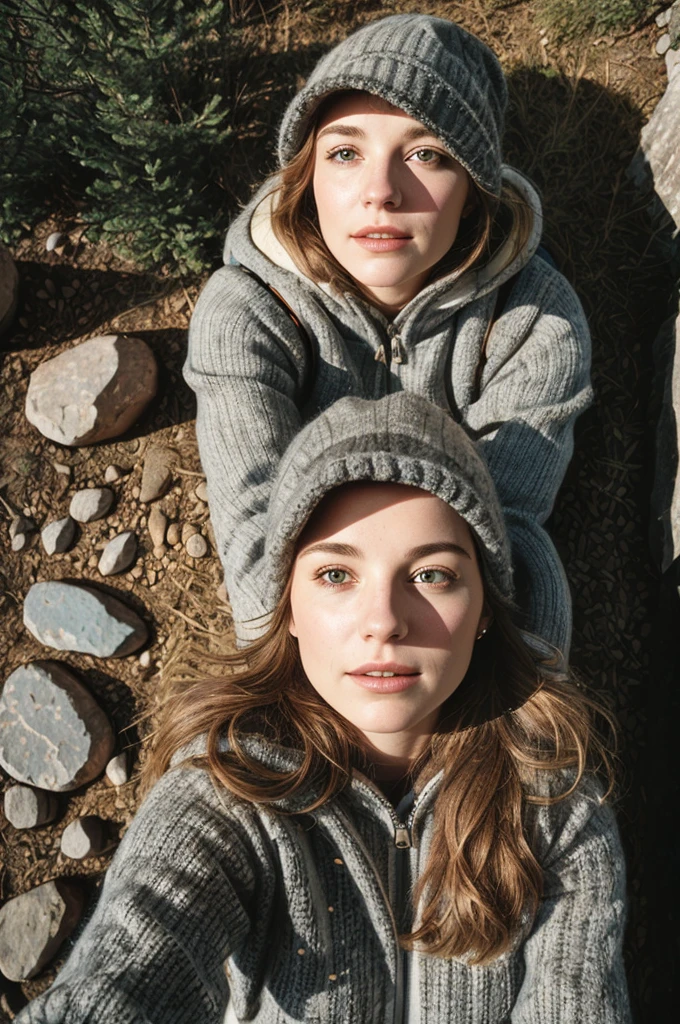 1 woman((upper body selfie, happy)), masterpiece, best quality, ultra-detailed, solo, outdoors, (night), mountains, nature, (stars, moon) cheerful, happy, backpack, sleeping bag, camping stove, water bottle, mountain boots, gloves, sweater, hat, flashlight, forest, rocks, river, wood, smoke, shadows, contrast, clear sky,
analog style (look at viewer:1.2) (skin texture)
(film grain:1.3), (warm hue, warm tone)