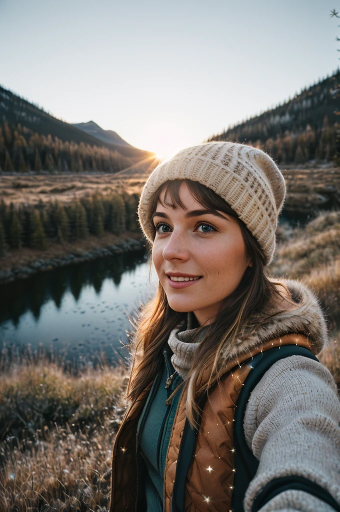 1 woman((upper body selfie, happy)), masterpiece, best quality, ultra-detailed, solo, outdoors, (night), mountains, nature, (stars, moon) cheerful, happy, backpack, sleeping bag, camping stove, water bottle, mountain boots, gloves, sweater, hat, flashlight, forest, rocks, river, wood, smoke, shadows, contrast, clear sky,
analog style (look at viewer:1.2) (skin texture)
(film grain:1.3), (warm hue, warm tone)