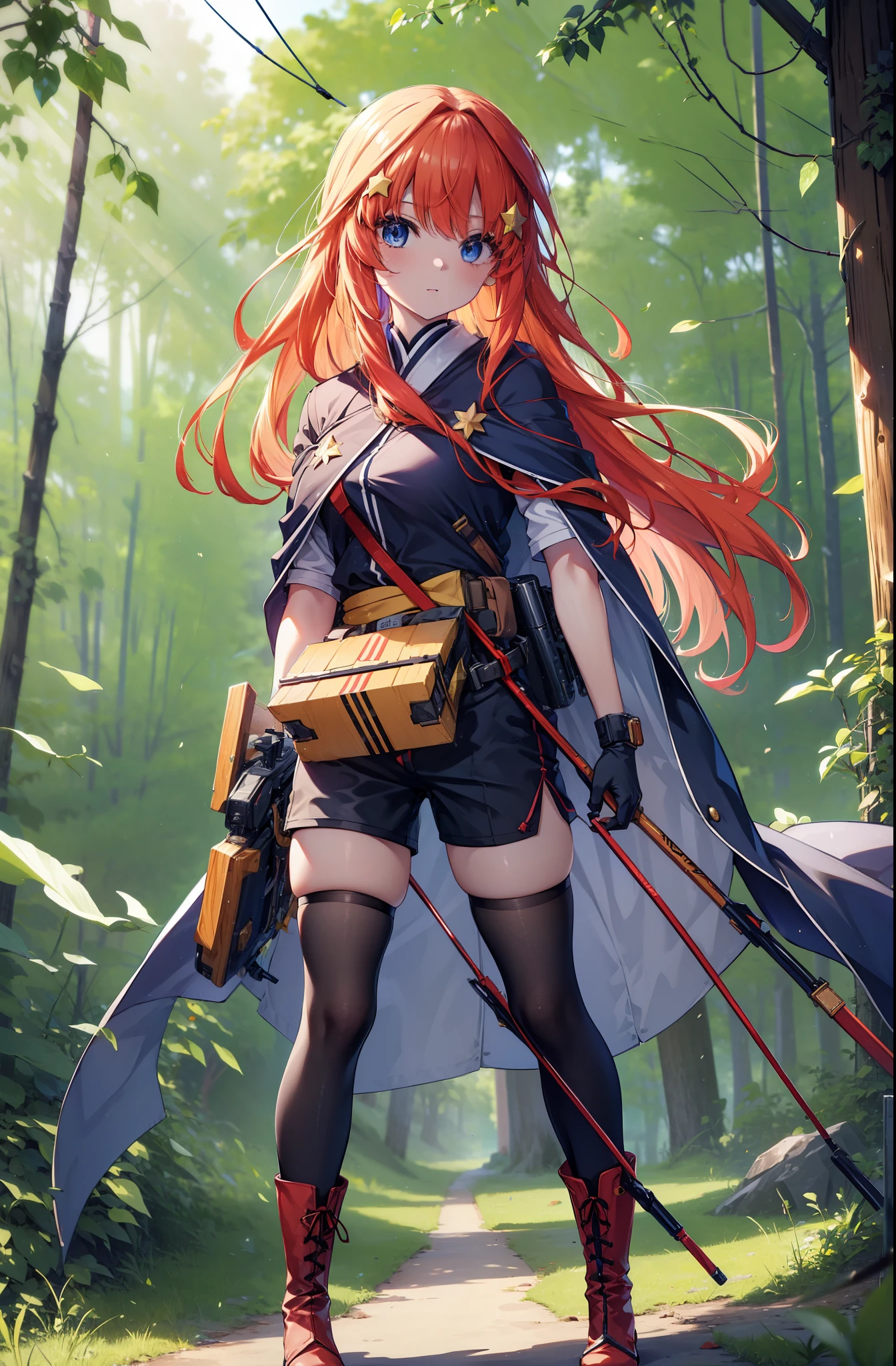 itsukinakano, itsuki nakano, bangs, blue eyes, Hair between the eyes, Redhead, star \(symbol\), hair ornaments, star hair ornaments,Long Hair,Carrying an archery bag,He has a quiver on one side, boots, Cape,gloves, red Knee socks, High heels, Shorts, Knee socks,whole bodyがイラストの中に入っていくように,歩いている
break outdoors, forest,forest林, break looking at viewer,whole body, 
break (masterpiece:1.2), Highest quality, High resolution, unity 8k wallpaper, (shape:0.8), (Fine and beautiful eyes:1.6), Highly detailed face, Perfect lighting, Highly detailed CG, (Perfect hands, Perfect Anatomy),