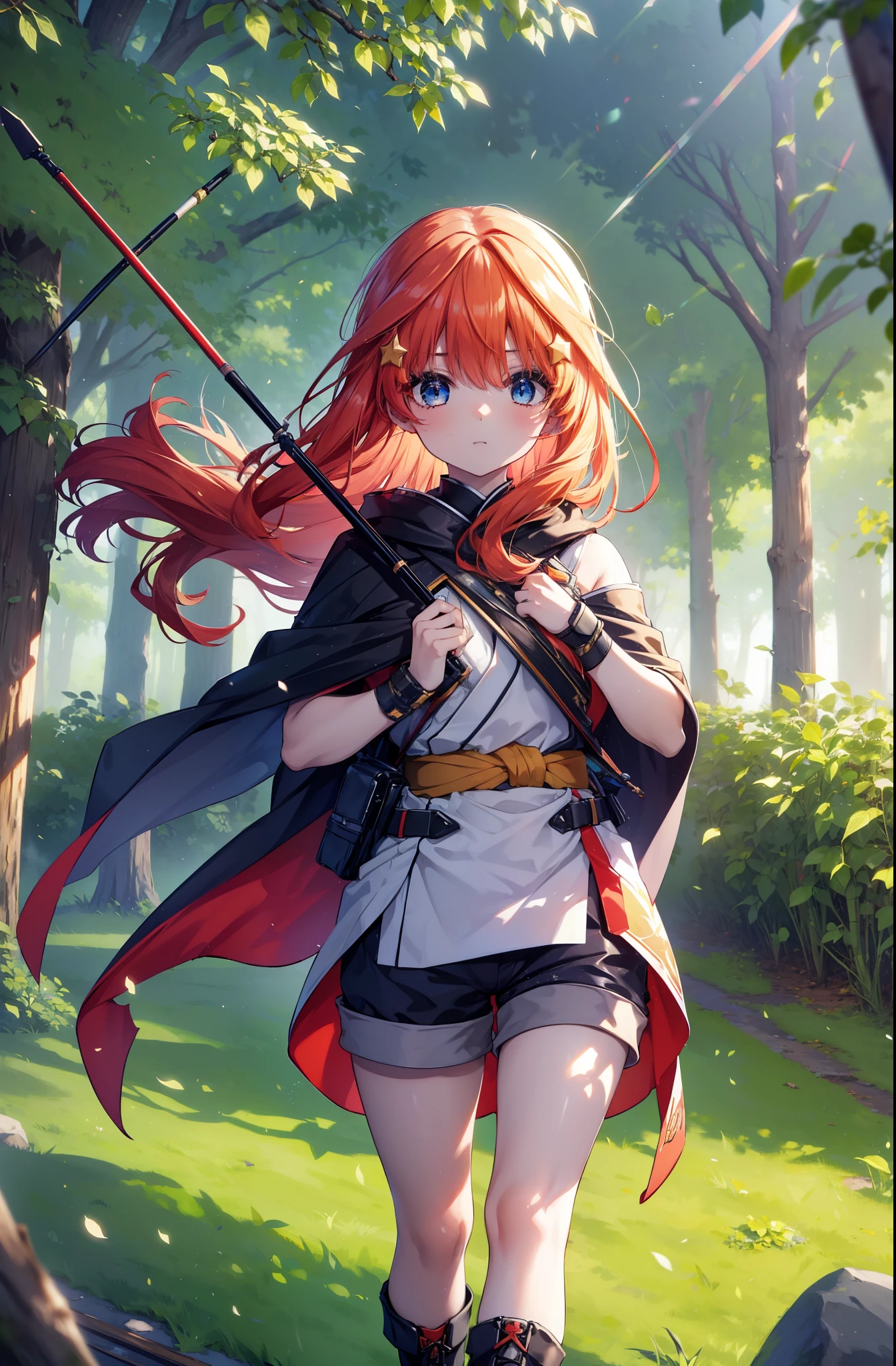 itsukinakano, itsuki nakano, bangs, blue eyes, Hair between the eyes, Redhead, star \(symbol\), hair ornaments, star hair ornaments,Long Hair,Carrying an archery bag,He has a quiver on one side, boots, Cape,gloves, red Knee socks, High heels, Shorts, Knee socks,whole bodyがイラストの中に入っていくように,歩いている
break outdoors, forest,forest林, break looking at viewer,whole body, 
break (masterpiece:1.2), Highest quality, High resolution, unity 8k wallpaper, (shape:0.8), (Fine and beautiful eyes:1.6), Highly detailed face, Perfect lighting, Highly detailed CG, (Perfect hands, Perfect Anatomy),