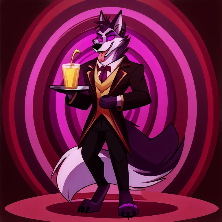 (masterpiece, best quality:1.2), Vortex hellhound, wolf, furry, helluva boss, hypnotized with glowing purple eyes, tongue out, wearing llatex clothesh, carrying a tray of lemonade, full body image, luxury room background