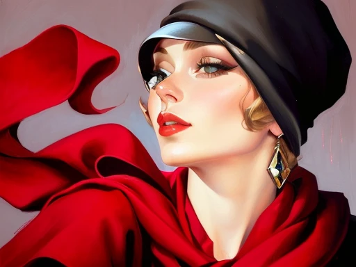 painting of a woman with a red scarf and a black hat, inspired by Tamara Lempicka, inspired by Tamara de Lempicka, by Tamara de Lempicka, by Tamara Lempicka, enoch bolles, art deco portrait, inspired by Art Frahm, kenton nelson, by Rita Angus, art deco painting, realistic art deco, inspired by Rita Angus