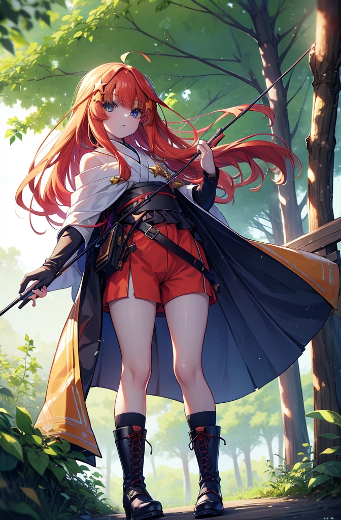 itsukinakano, itsuki nakano, bangs, blue eyes, Hair between the eyes, Redhead, star \(symbol\), hair ornaments, star hair ornaments,Long Hair,Carrying an archery bag,He has a quiver on one side, boots, Cape,gloves, red Knee socks, High heels, Shorts, Knee socks,whole bodyがイラストの中に入っていくように,歩いている
break outdoors, forest,forest林, break looking at viewer,whole body, 
break (masterpiece:1.2), Highest quality, High resolution, unity 8k wallpaper, (shape:0.8), (Fine and beautiful eyes:1.6), Highly detailed face, Perfect lighting, Highly detailed CG, (Perfect hands, Perfect Anatomy),