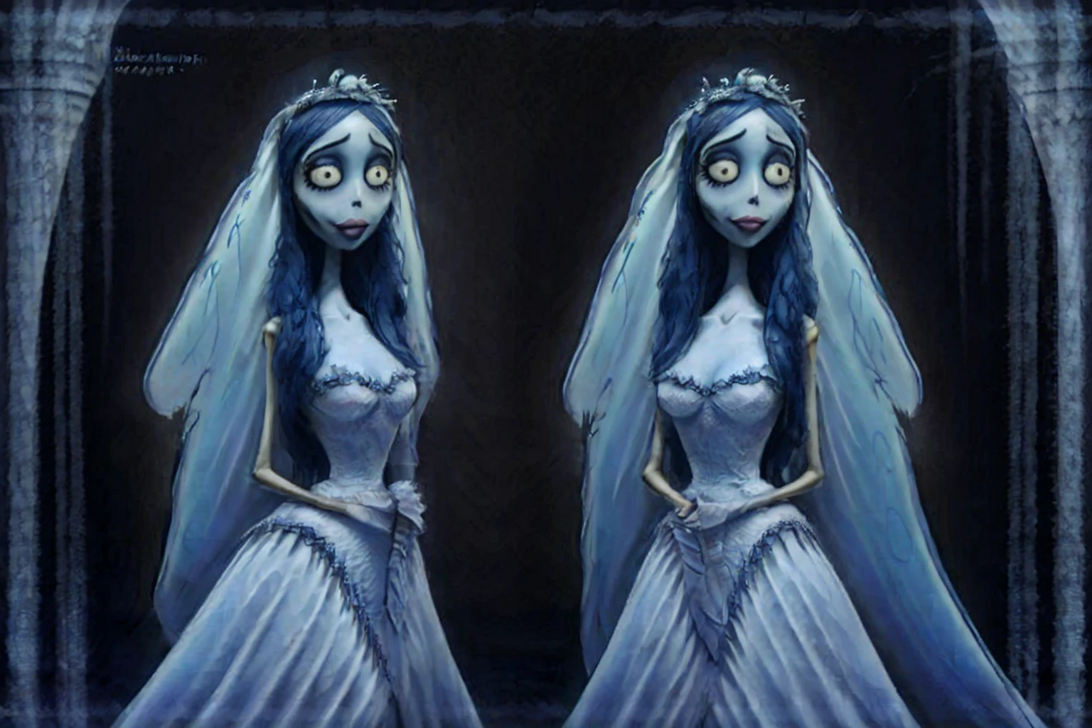 A ghostly, seductive, sensual bride, full-body, wearing a super long dress with a veil extending to the floor, ghostly, in the snow, (best quality,4k,8k,highres,masterpiece:1.2),ultra-detailed,(realistic,photorealistic,photo-realistic:1.37),dramatic lighting,cinematic,intricate details,chiaroscuro,moody atmosphere