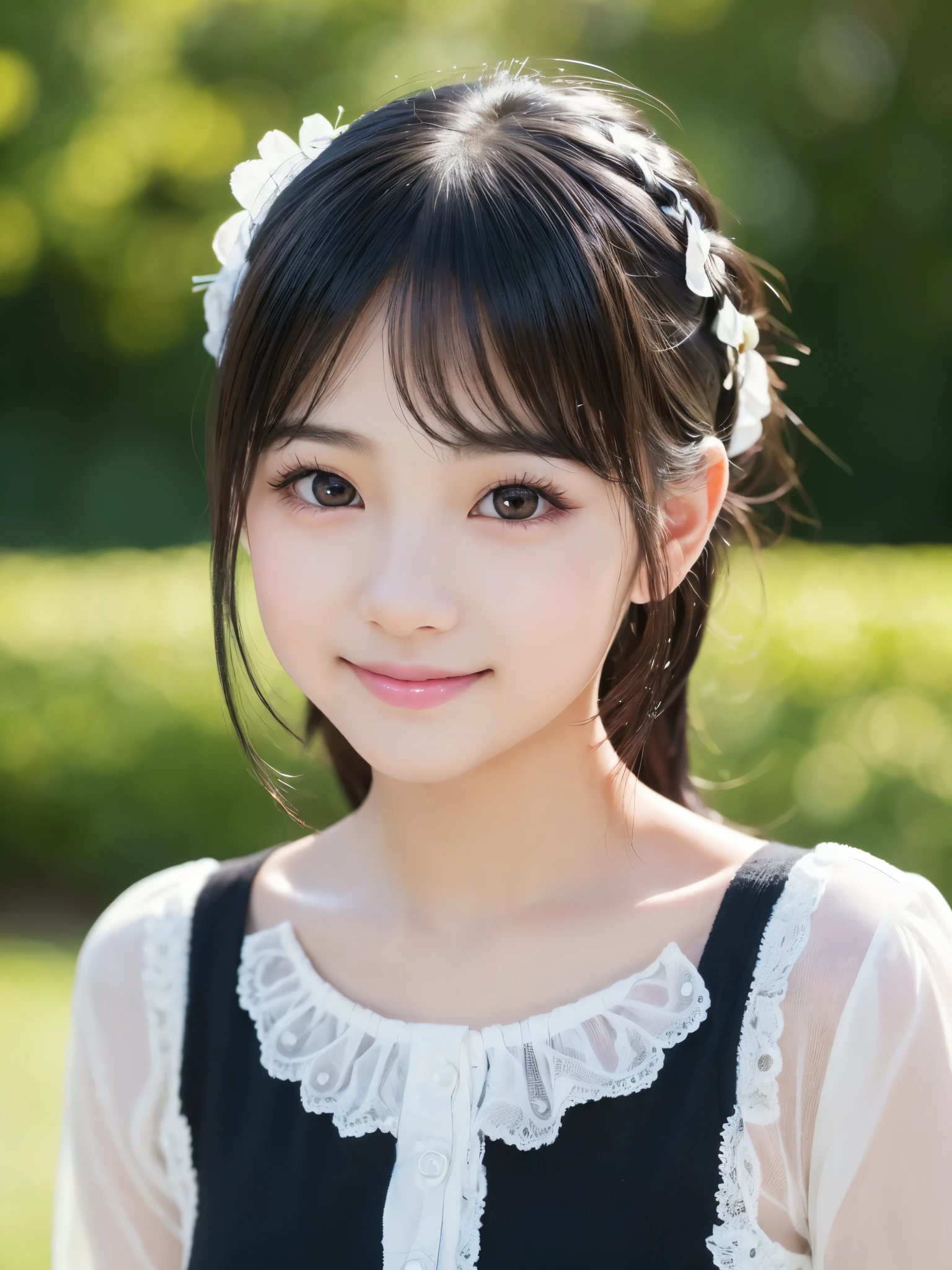(Best-quality, Masterpiece, Ultra-High-Resolution, (Photorealistic:1.4), Raw Photo, depth of field, professional lighting, perfect anatomy, extremely details), 1girl, 13-years-old, the most famous Japanese idol, portrait, (extremely cute and extremely realistic face like the most popular Japanese idol, (extremely cute and extremely big black-realistic-eyes), extremely cute and extremely realistic black-hair), extremely cute and extremely realistic long-eyelashes, extremely cute and extremely realistic lips, (((extremely beautiful and extremely realistic skins))), ((innocent smile))