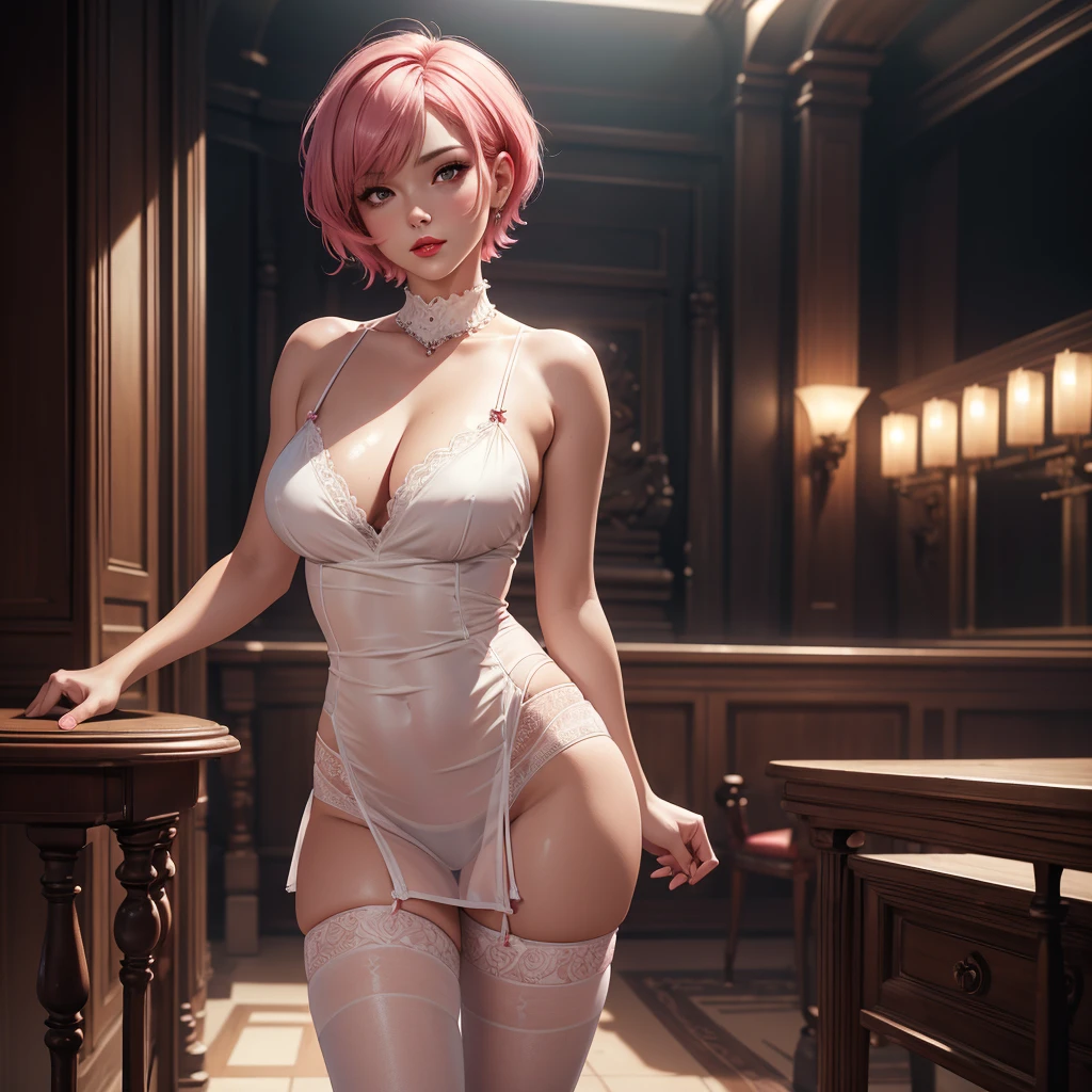 8K, Best Quality, Masterpiece, Ultra High Resolution, (Realism: 1.4), (Realistic Skin Texture: 1.3), 1 Cute woman, Pink short hair, Best Quality, Background crowded ballroom Wearing a loose white dress, black stockings, seductive, seduction, red lips, panties, standing