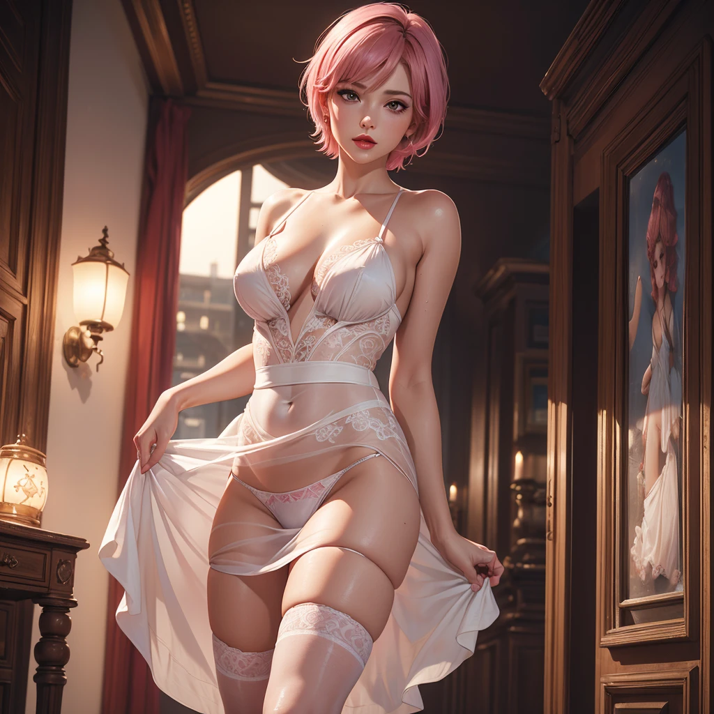 8K, Best Quality, Masterpiece, Ultra High Resolution, (Realism: 1.4), (Realistic Skin Texture: 1.3), 1 Cute woman, Pink short hair, Best Quality, Background crowded ballroom Wearing a loose white dress, black stockings, seductive, seduction, red lips, panties, standing