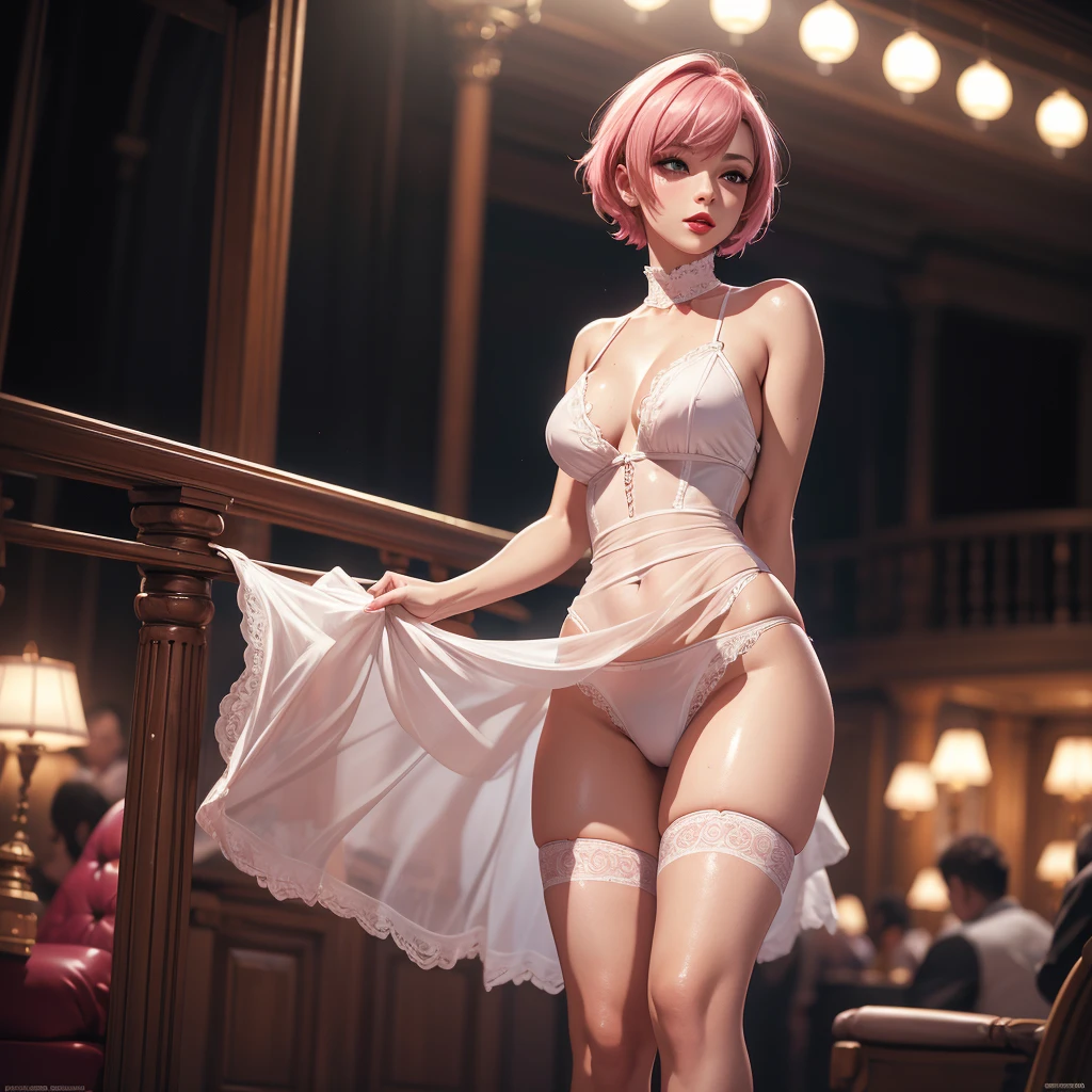 8K, Best Quality, Masterpiece, Ultra High Resolution, (Realism: 1.4), (Realistic Skin Texture: 1.3), 1 Cute woman, Pink short hair, Best Quality, Background crowded ballroom Wearing a loose white dress, black stockings, seductive, seduction, red lips, panties, standing