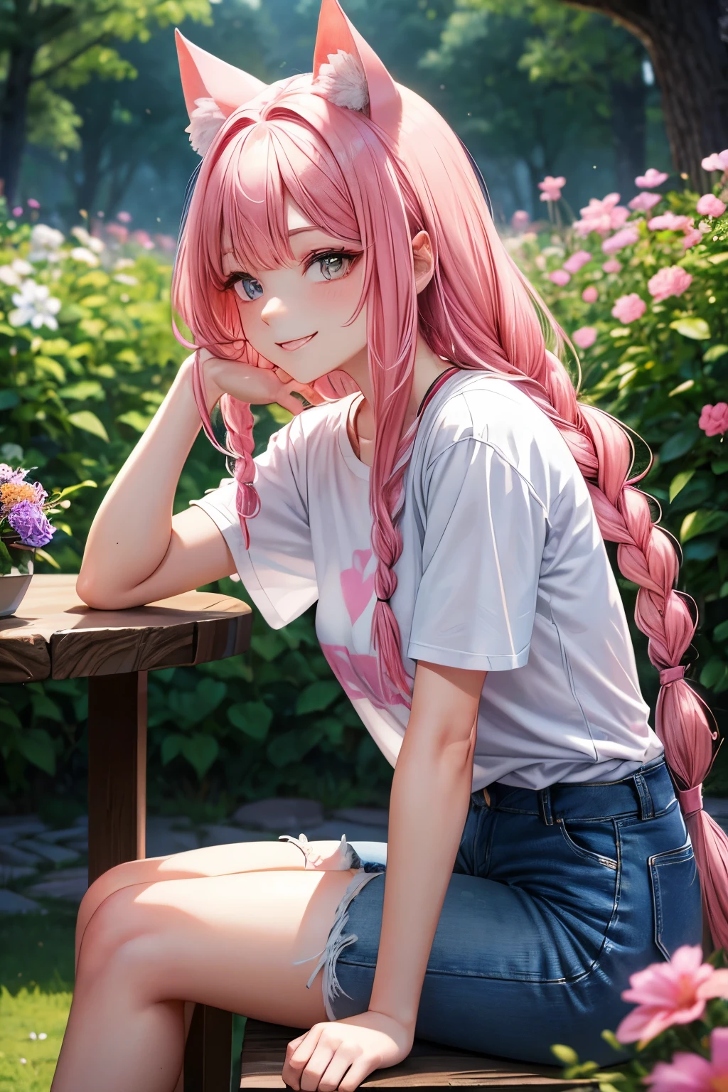 Best Quality, High Resolution, Perfect Human Structure, Cat Ear, Front View, Shiny Hair, Pink Hair, Braids, Forest, Flowers, Gradient Eyes, Sleek Bangs, Sitting, Front Angle, T-shirt, Jeans, Smiling