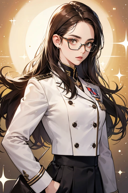 sHe has spiky dark brown hair along with half-rimmed rectangular glasses. her military uniform consists of a white jacket with matching slacks SPARKLE; GLITTER