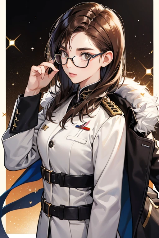 sHe has spiky dark brown hair along with half-rimmed rectangular glasses. her military uniform consists of a white jacket with matching slacks  SPARKLE; GLITTER