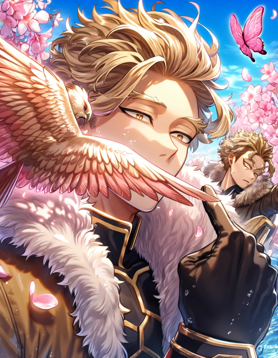 absurdres, highres, ultra detailed, HDR, master piece, best quality, Hawks, ash blond hair, expressive brown eyes, boku no hero academia, brown coat with fur, black tight shirt, black gloves, solo, sexy man, handsome, fantasy, shining, water, pink flowers, pink blossoms, pink butterflies, pink petals