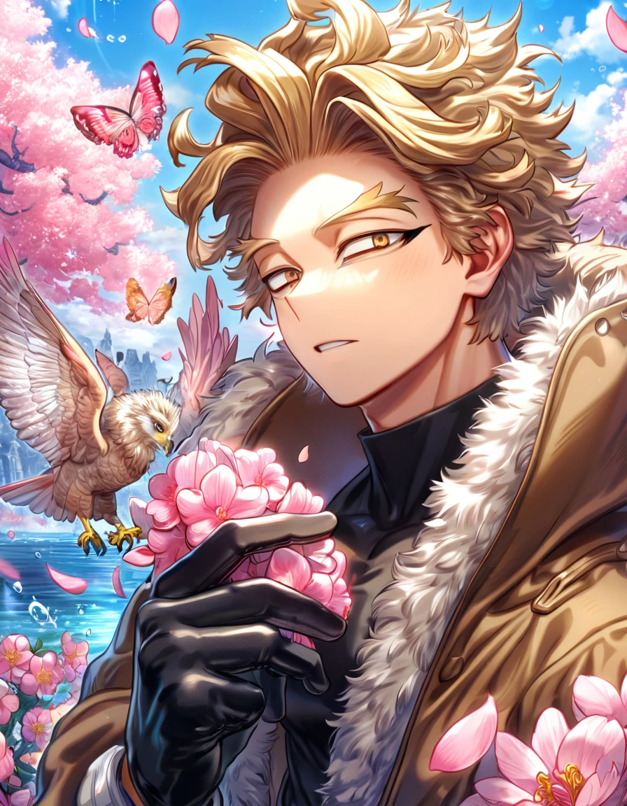 absurdres, highres, ultra detailed, HDR, master piece, best quality, Hawks, ash blond hair, expressive brown eyes, boku no hero academia, brown coat with fur, black tight shirt, black gloves, solo, sexy man, handsome, fantasy, shining, water, pink flowers, pink blossoms, pink butterflies, pink petals