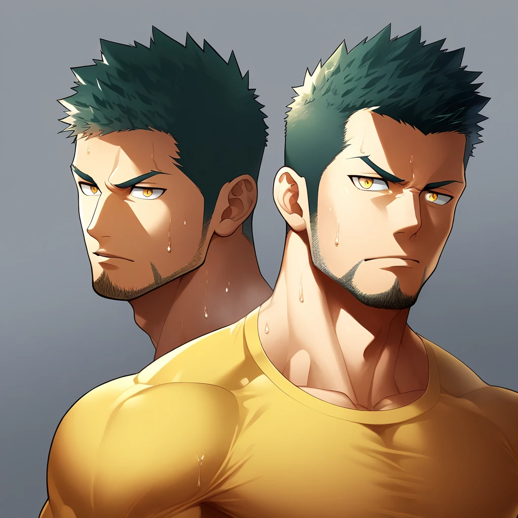 anime characters:Gyee, Priapus,Muscle Sports Student, 1 muscular tough guy, Manliness, male focus, Close-up of the side, Light yellow high collar long sleeve tight T-shirt, Very tight, The clothes were soaked with sweat, The pectoral muscles are oversized, Slightly transparent, muscular male, muscular, only, Upper body, alone, Black short hair, Thick eyebrows, stubble, Yellow eyes, Grey background, simple background, amazing quality, best aesthetics, Ridiculous, bright pupils, crew cut, parted lips, v-shaped eyebrows, jitome, disdain, drop shadow, best quality