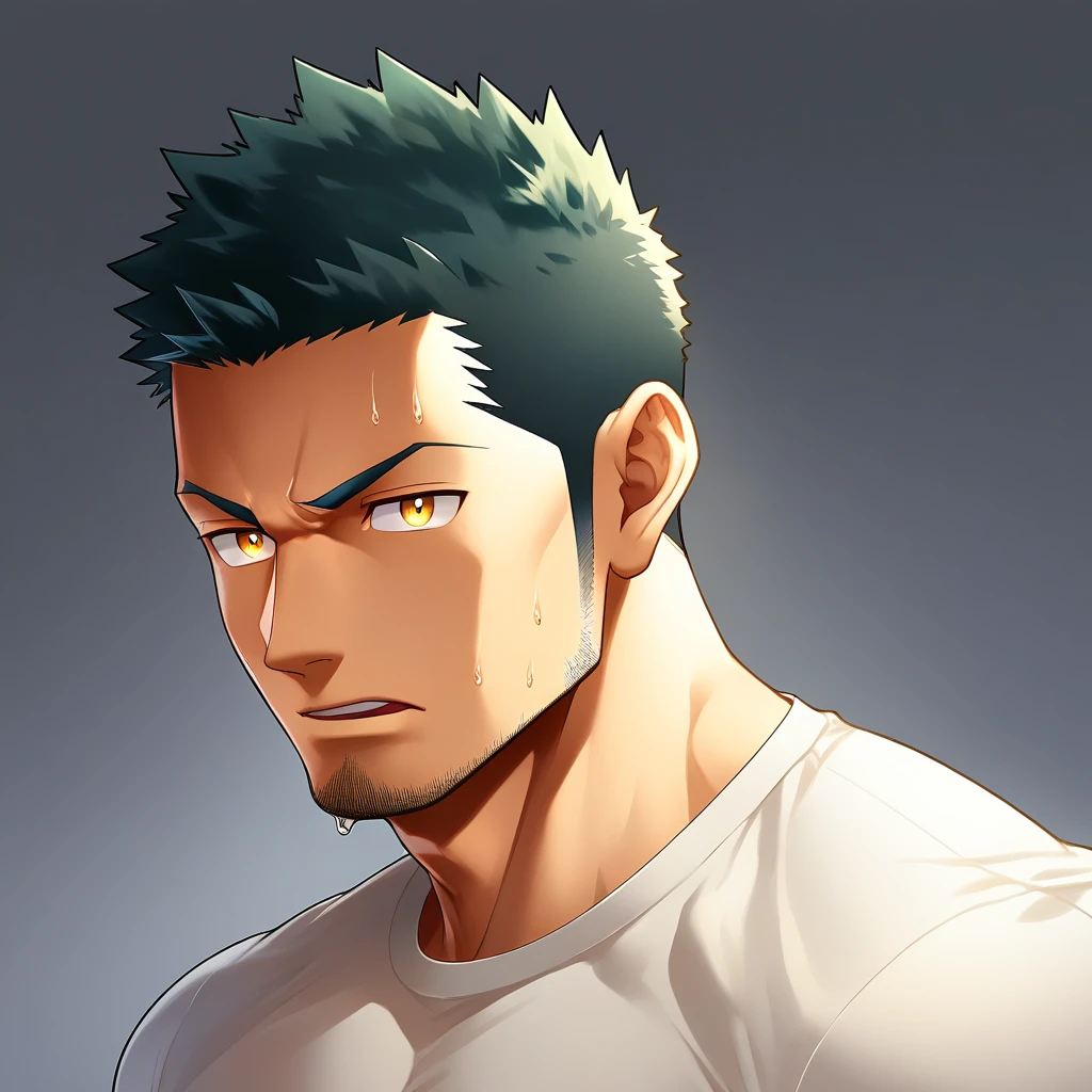 anime characters:Gyee, Priapus,Muscle Sports Student, 1 muscular tough guy, Manliness, male focus, Close-up of the side, Light yellow high collar long sleeve tight T-shirt, Very tight, The clothes were soaked with sweat, The pectoral muscles are oversized, Slightly transparent, muscular male, muscular, only, Upper body, alone, Black short hair, Thick eyebrows, stubble, Yellow eyes, Grey background, simple background, amazing quality, best aesthetics, Ridiculous, bright pupils, crew cut, parted lips, v-shaped eyebrows, jitome, disdain, drop shadow, best quality