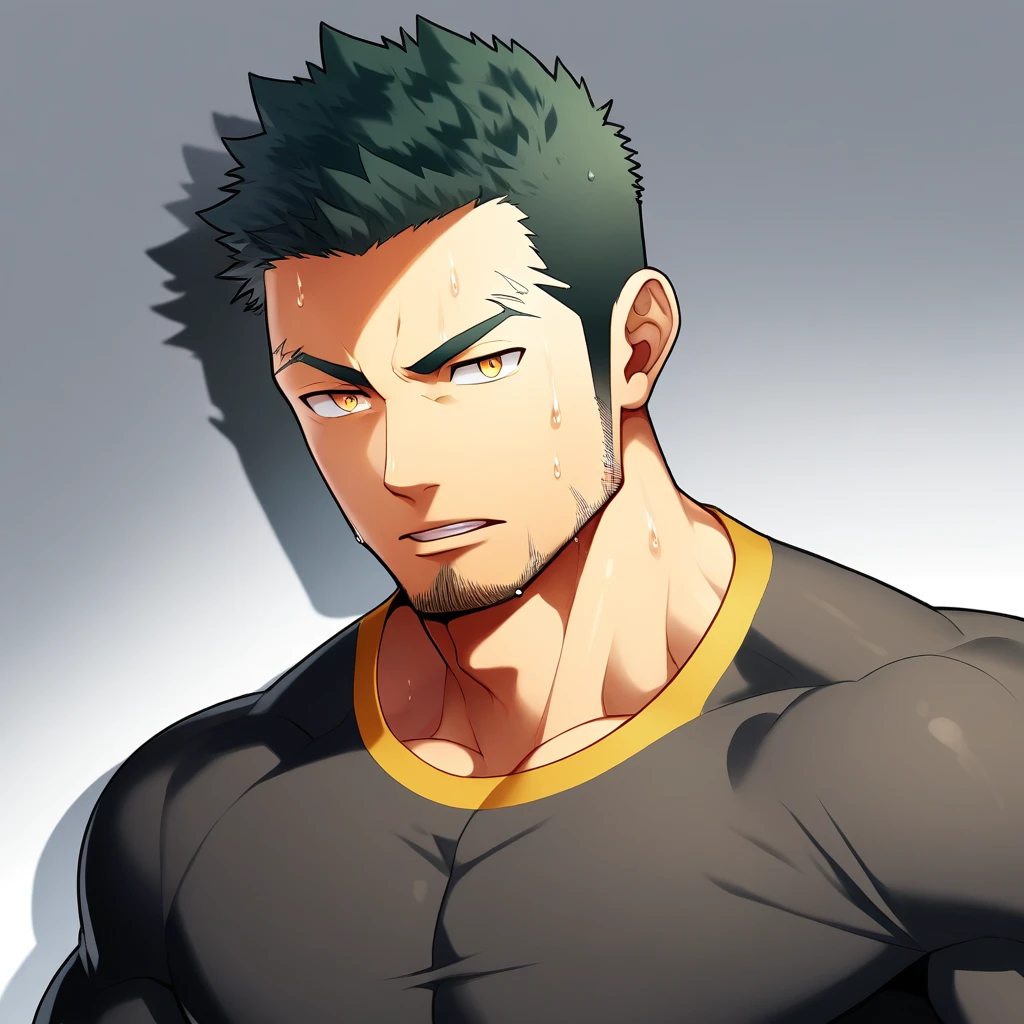 anime characters:Gyee, Priapus,Muscle Sports Student, 1 muscular tough guy, Manliness, male focus, Close-up of the side, Light yellow high collar long sleeve tight T-shirt, Very tight, The clothes were soaked with sweat, The pectoral muscles are oversized, Slightly transparent, muscular male, muscular, only, Upper body, alone, Black short hair, Thick eyebrows, stubble, Yellow eyes, Grey background, simple background, amazing quality, best aesthetics, Ridiculous, bright pupils, crew cut, parted lips, v-shaped eyebrows, jitome, disdain, drop shadow, best quality