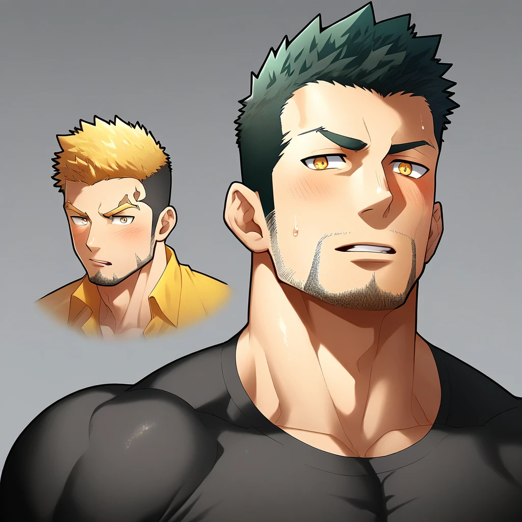 anime characters:Gyee, Priapus,Muscle Sports Student, 1 muscular tough guy, Manliness, male focus, Light yellow high collar long sleeve tight T-shirt, Very tight, The clothes were soaked with sweat, The pectoral muscles are oversized, Slightly transparent, muscular male, muscular, only, Upper body, alone, Black short hair, Thick eyebrows, stubble, Yellow eyes, Grey background, simple background, amazing quality, best aesthetics, Ridiculous, bright pupils, crew cut, parted lips, shy, blush, moaning, saliva trail, drop shadow, best quality